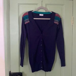 Cute long button-up sweater with elbow pad detail